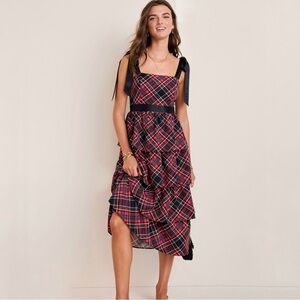 Francesca’s Charlotte Plaid Tiered Midi Dress in Black & Red Plaid NWT